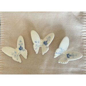 3 Vintage Hand Painted Porcelain Butterflies Wall Decor Blue White Ceramic Set
